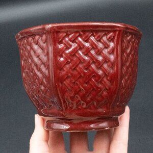 Vintage Maroon Burgundy Red Basket Weave Ceramic Mini Planter 4.5" Diameter
